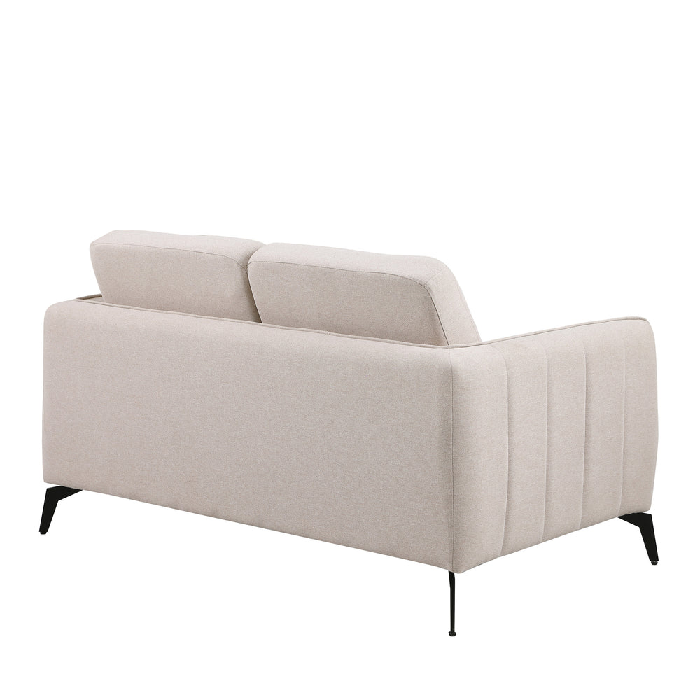 Beige fabric sofa with black legs set against a white backdrop. The armrest features vertical stitching details and the backrest is plain.
