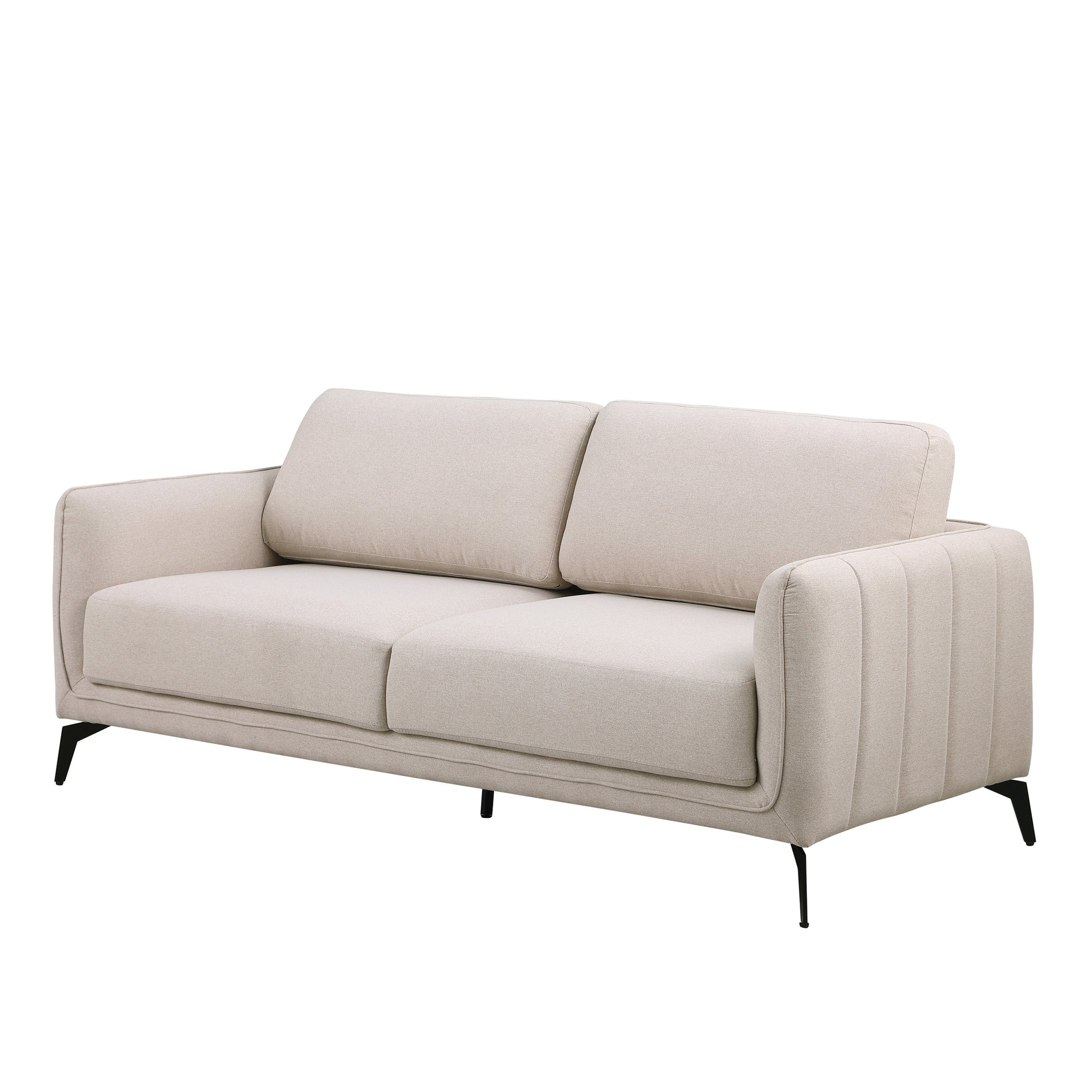 Beige fabric sofa with black legs set against a plain white backdrop. The armrest features vertical stitching details.