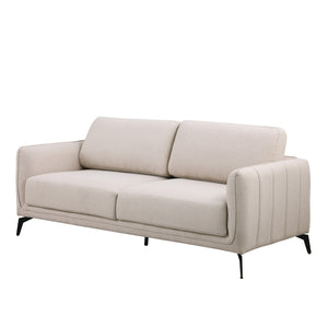 Beige fabric sofa with black legs set against a plain white backdrop. The armrest features vertical stitching details.