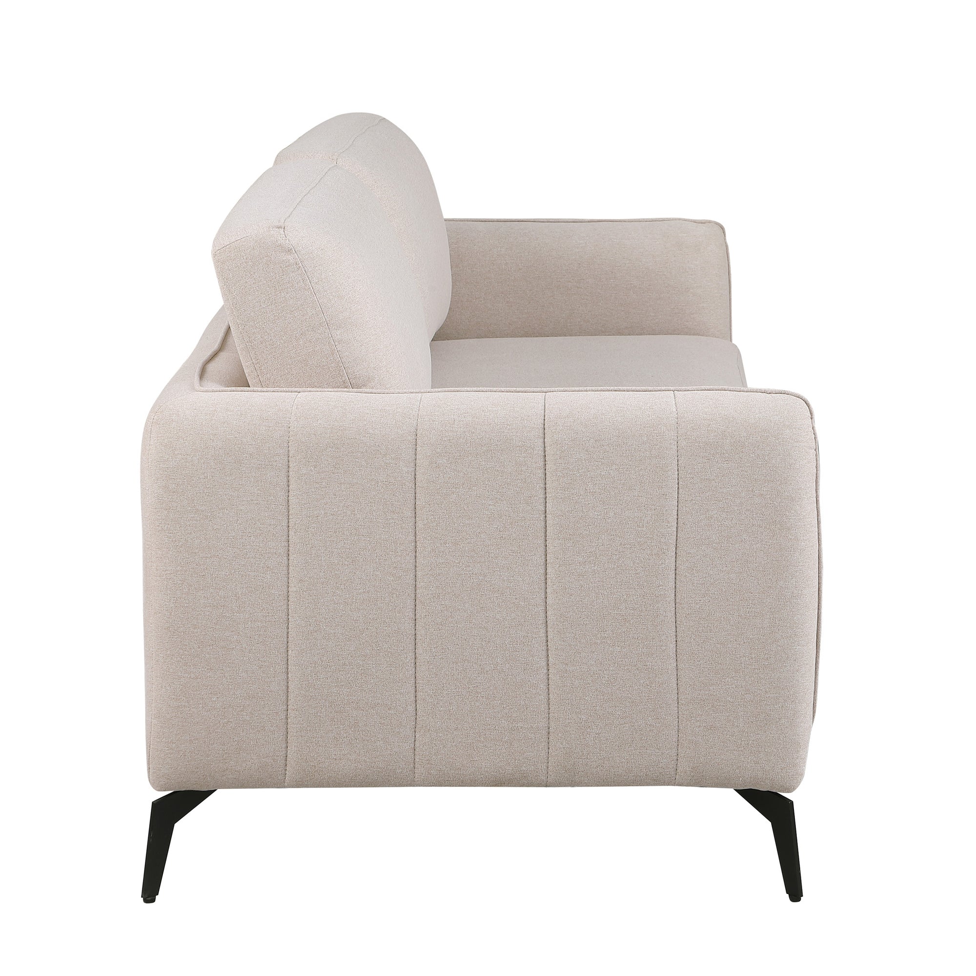 Side view of a beige fabric sofa with black legs set against a white backdrop. The armrest features vertical stitching details.