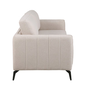 Side view of a beige fabric sofa with black legs set against a white backdrop. The armrest features vertical stitching details.