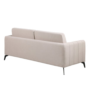 Beige fabric sofa with black legs set against a white backdrop. The armrest features vertical stitching details and the backrest is plain.