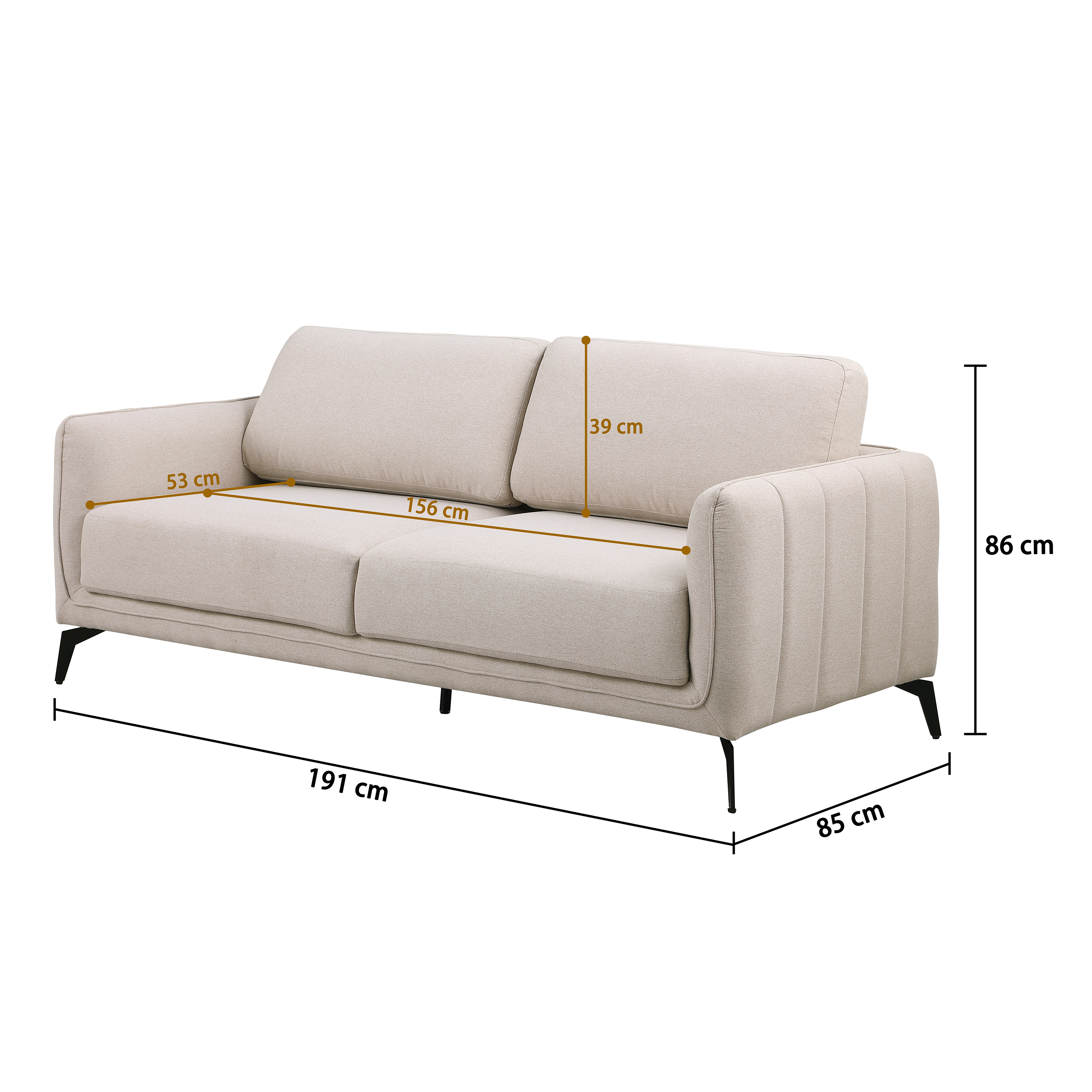 Beige fabric sofa with black legs and vertical stitching on the armrest set against a plain white backdrop. Dimensions: 191cm x 85cm x 86cm.