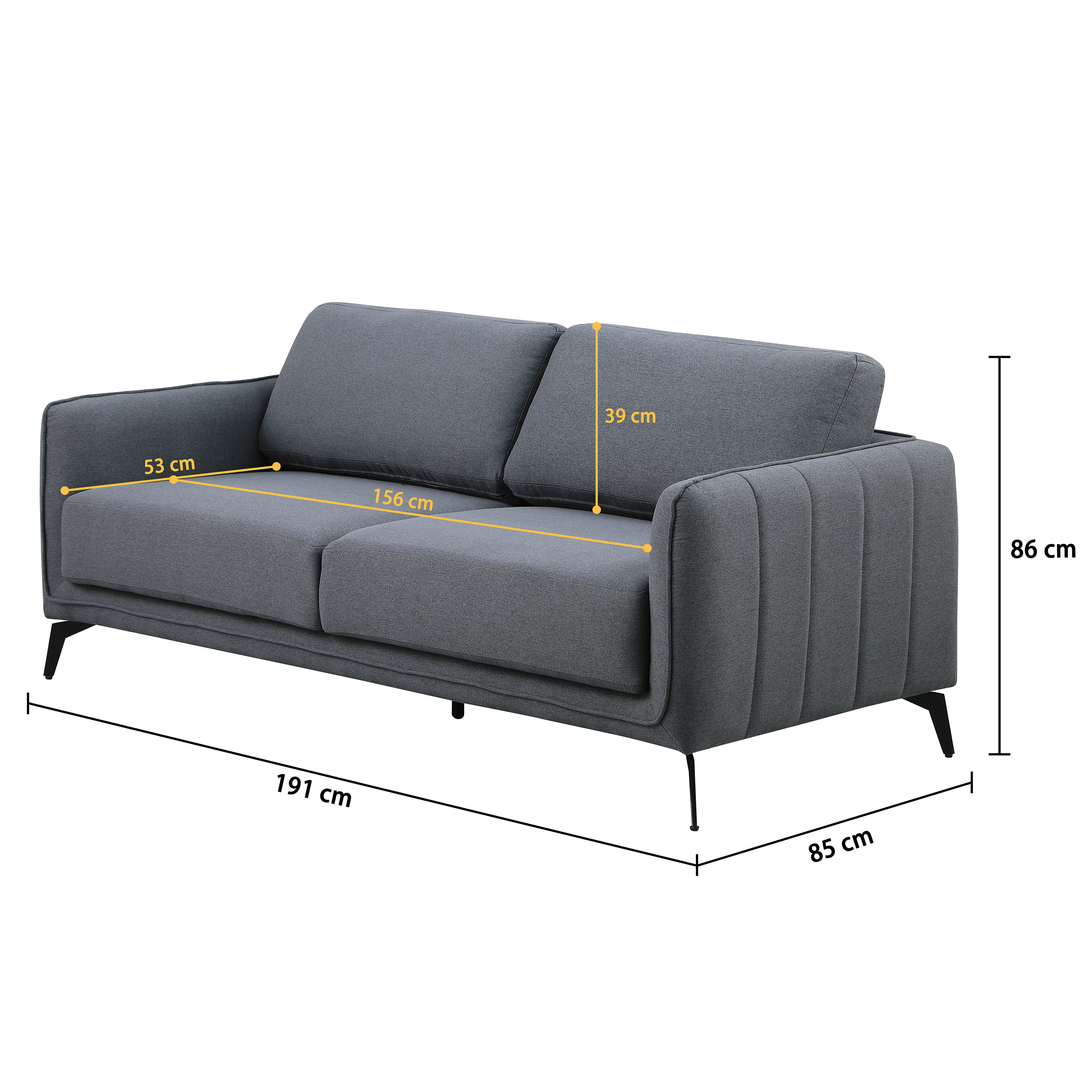 Dark grey 3-seater fabric sofa with black legs and vertical stitching on the armrest set against a plain white backdrop. Dimensions: 191cm x 85cm x 86cm.