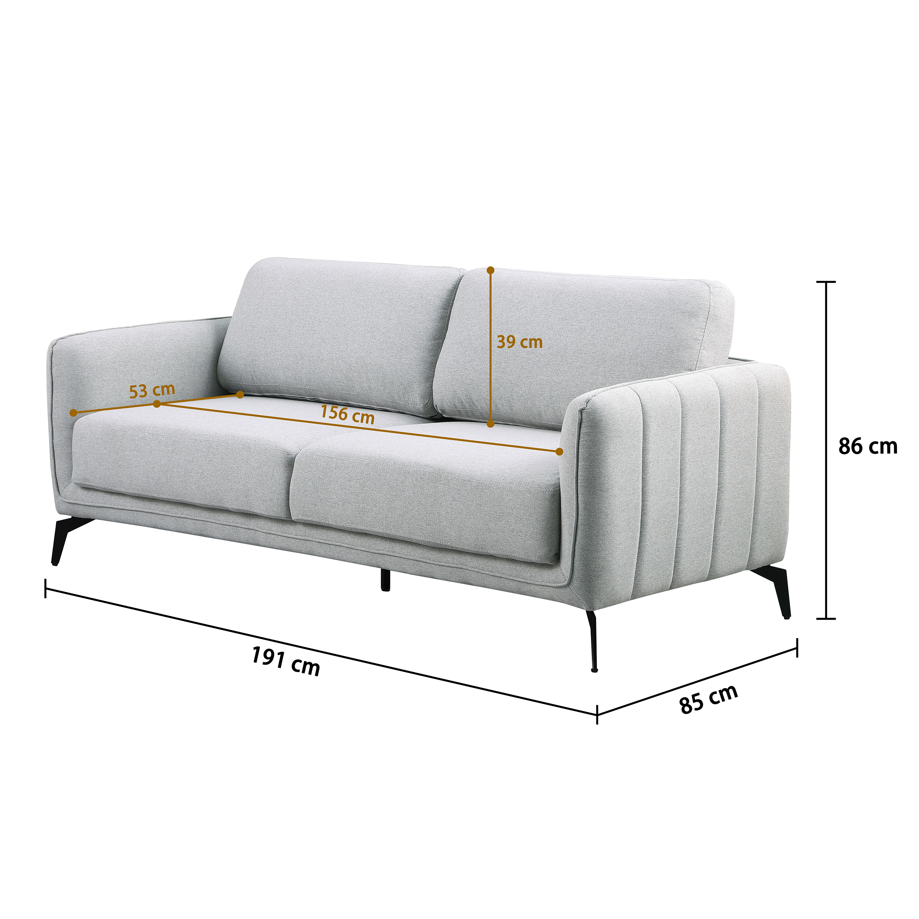 Light grey fabric sofa with black legs and vertical stitching on the armrest set against a plain white backdrop. Dimensions: 191cm x 85cm x 86cm.