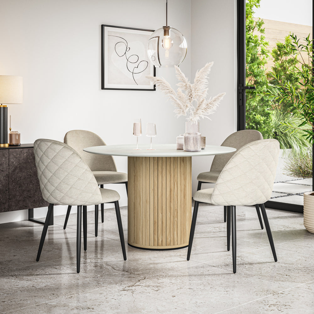 Arlo White Marble Table Top W Oak Legs + Raye Velvet Dining Chair Set
