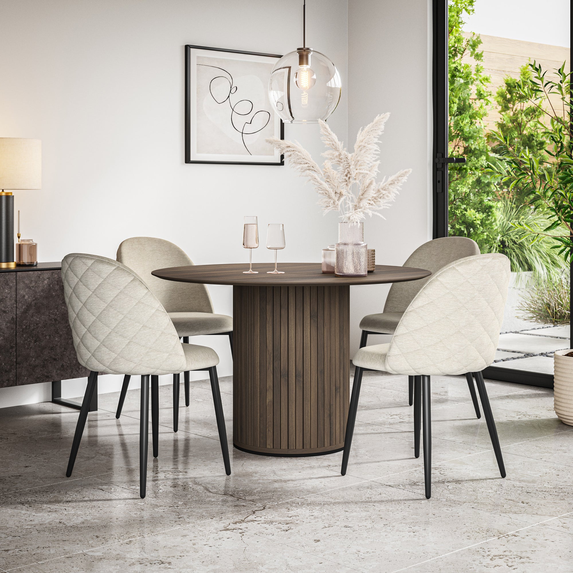 Arlo Walnut Tabletop W Walnut Legs + Raye Velvet Dining Chair Set