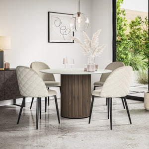 Arlo White Marble Table Top W Walnut Legs + Raye Velvet Dining Chair Set