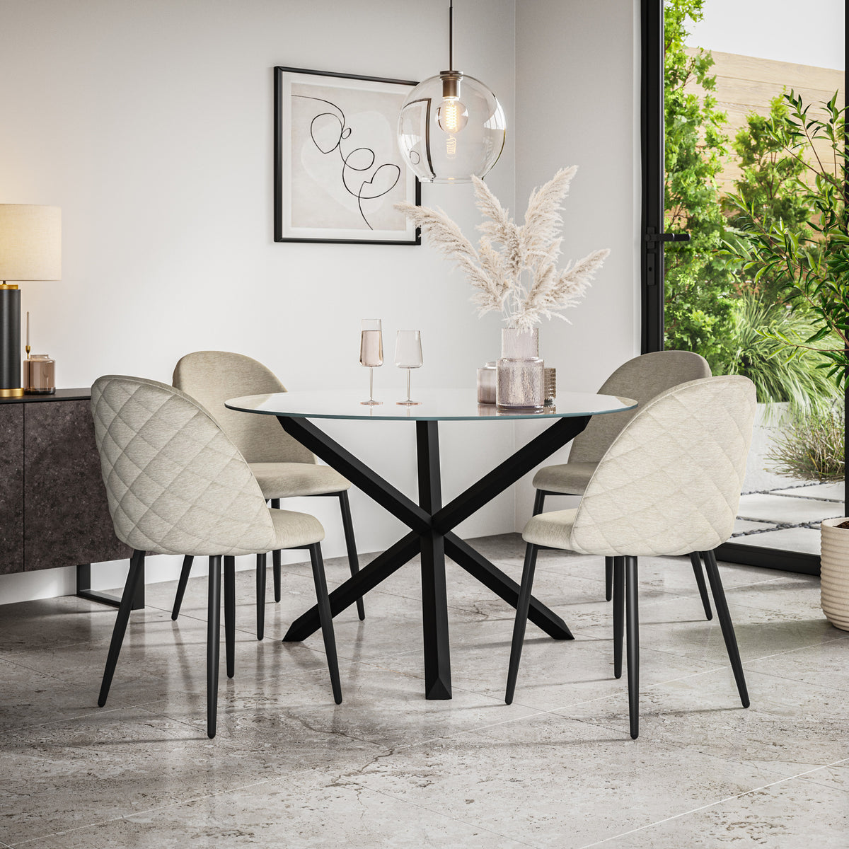 Malvern Glass Top with Black Leg Round Dining Table & Raye Velvet Chair