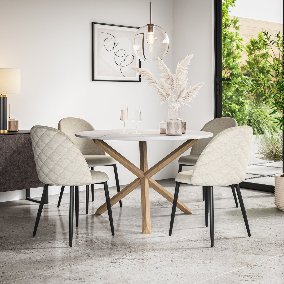 Malvern Marble Effect Top W Oak Leg Round Table & Raye Velvet Chair