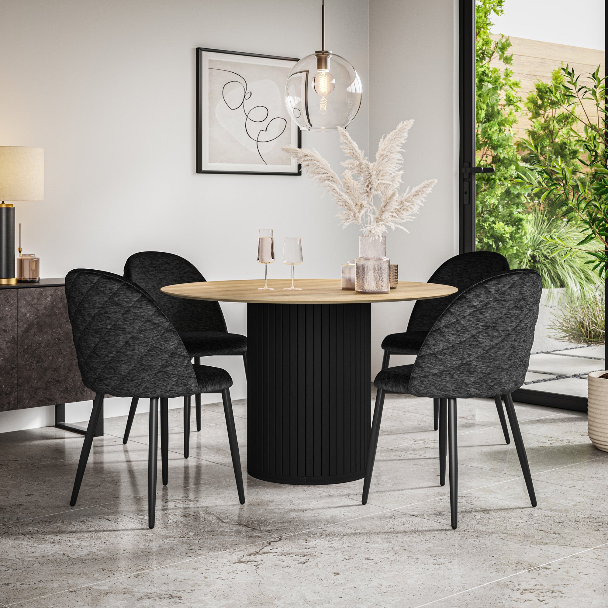 Arlo Oak Tabletop W Black Legs + Raye Velvet Dining Chair Set
