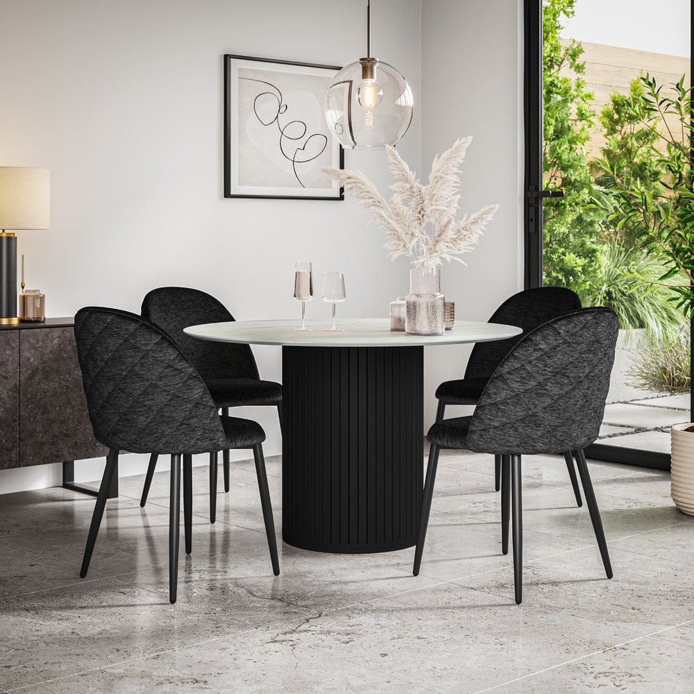 Arlo White Marble Tabletop W Black Legs + Raye Velvet Dining Chair Set