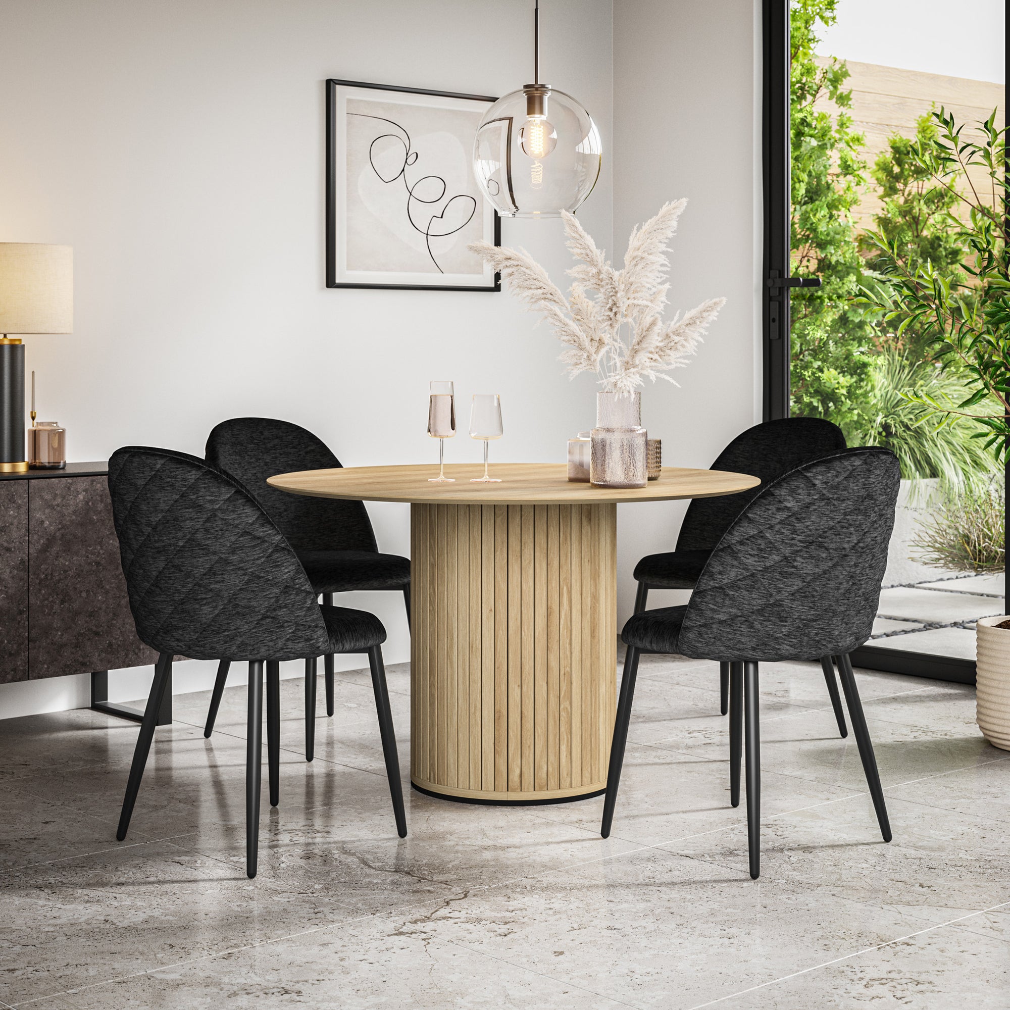 Arlo Oak Tabletop W Oak Legs + Raye Velvet Dining Chair Set