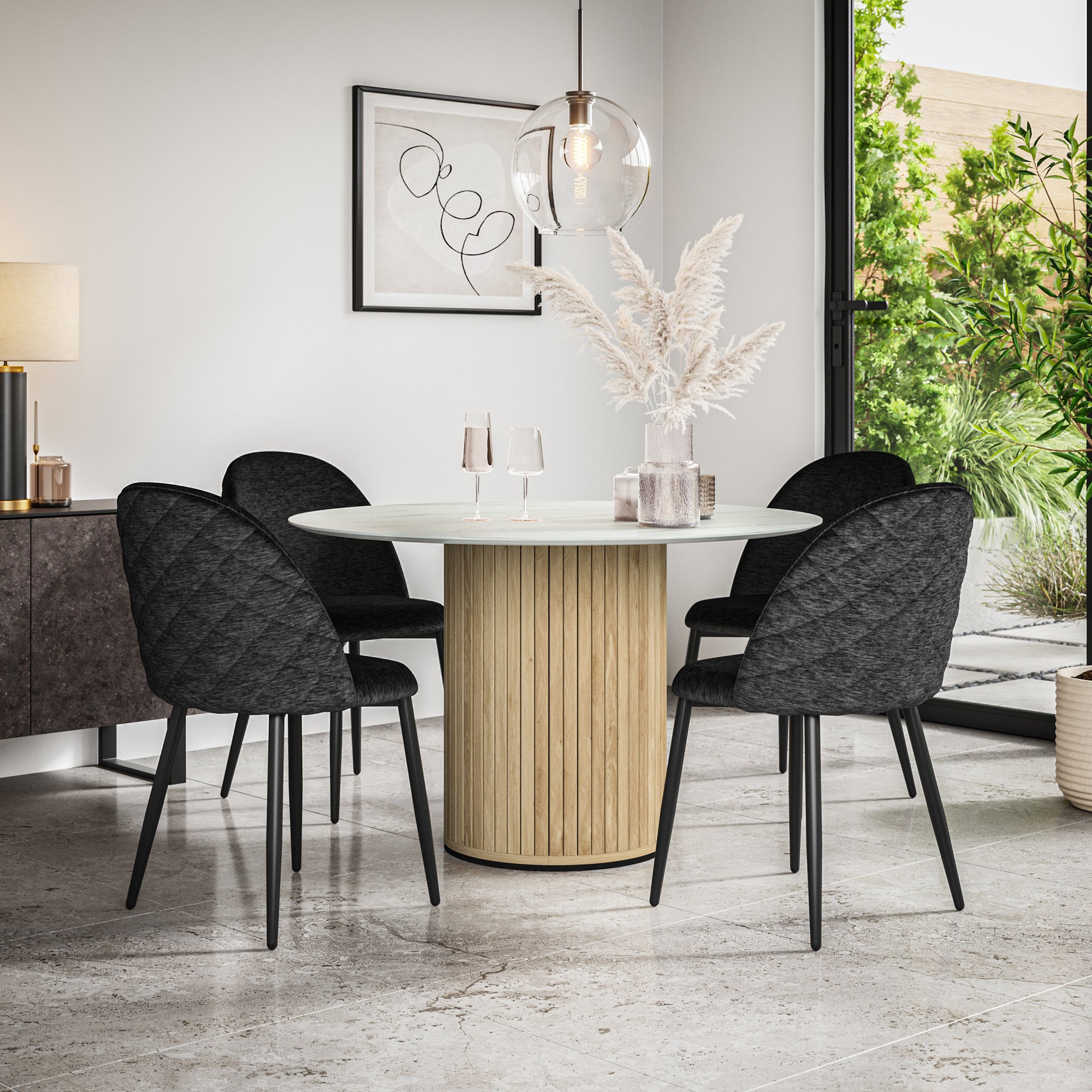 Arlo White Marble Table Top W Oak Legs + Raye Velvet Dining Chair Set