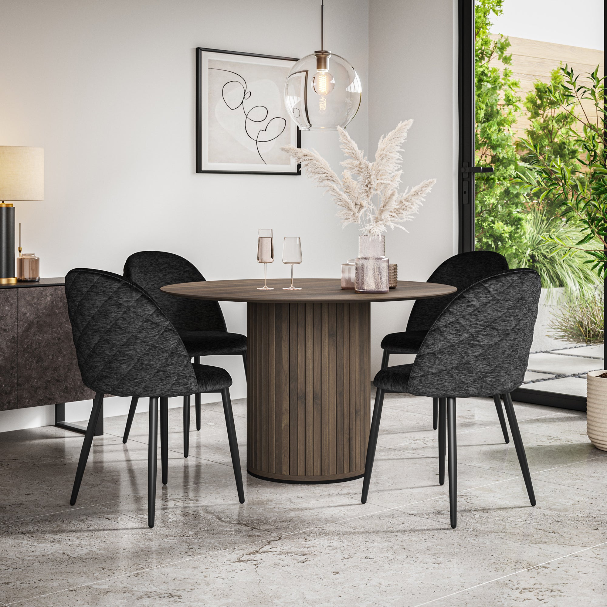 Arlo Walnut Tabletop W Walnut Legs + Raye Velvet Dining Chair Set