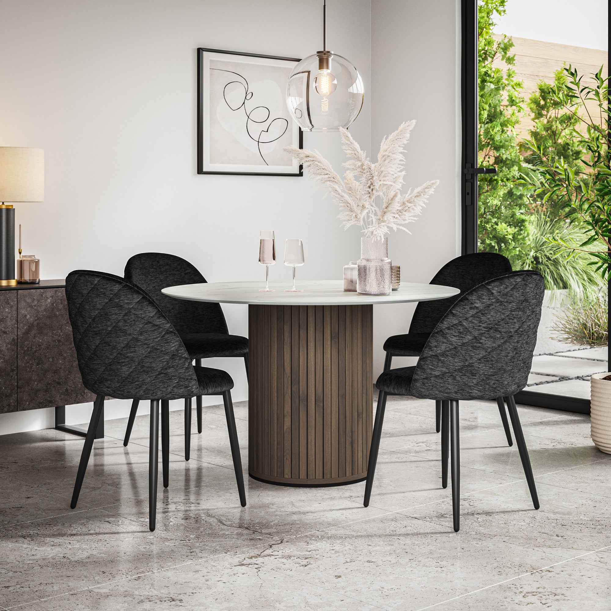 Arlo White Marble Table Top W Walnut Legs + Raye Velvet Dining Chair Set