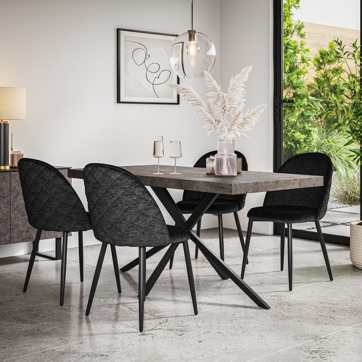 Donni Concrete Effect Top Rectangle Dining Table & Raye Velvet Chair