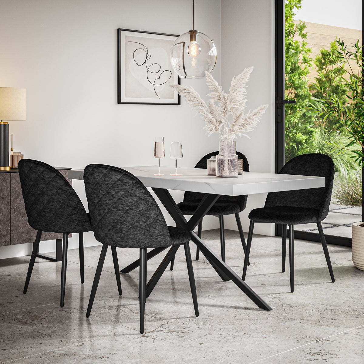 Donni White Marble Top Rectangle Dining Table & Raye Velvet Chair
