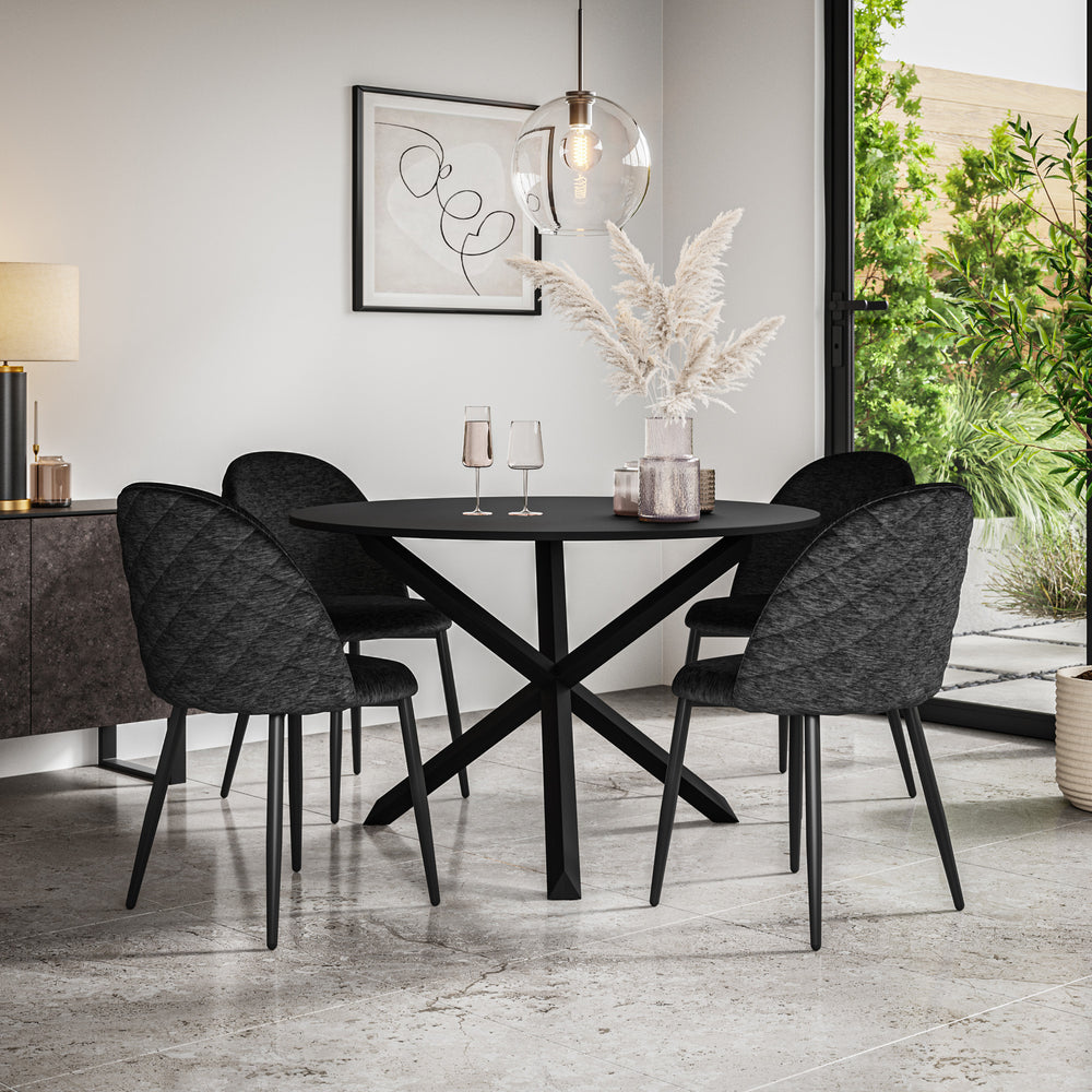 Malvern Black Top with Black Legs Round Dining Table & Raye Velvet Chair