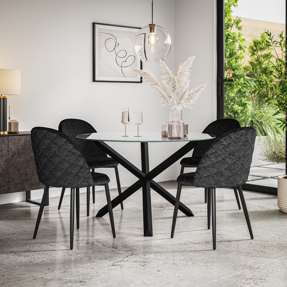 Malvern Glass Top with Black Leg Round Dining Table & Raye Velvet Chair