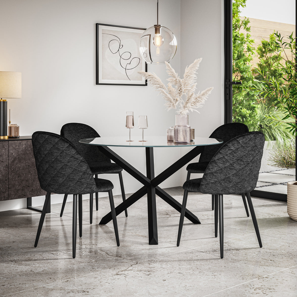 Malvern Glass Top with Black Leg Round Dining Table & Raye Velvet Chair