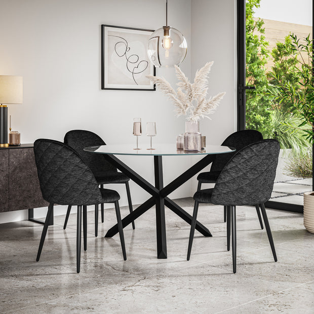 Malvern Glass Top with Black Leg Round Dining Table & Raye Velvet Chair