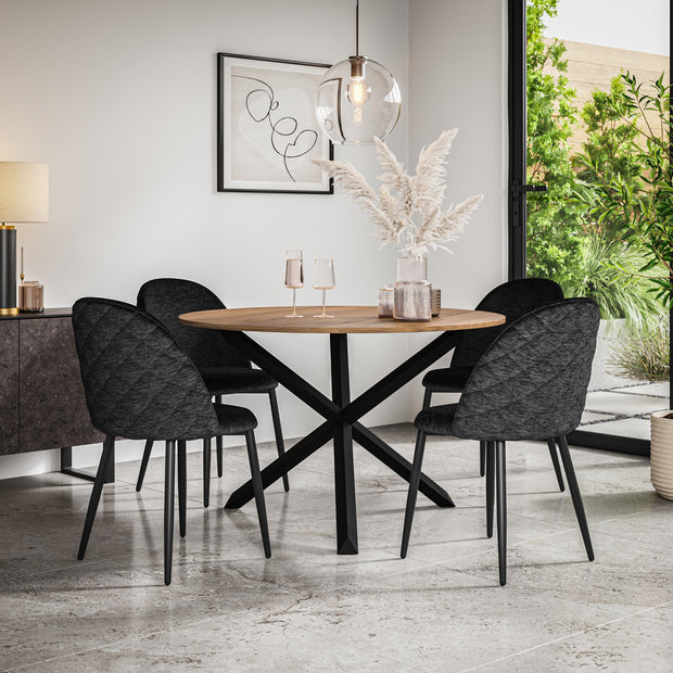 Malvern Oak Effect Top with Black Legs Round Dining Table & Raye Velvet Chair