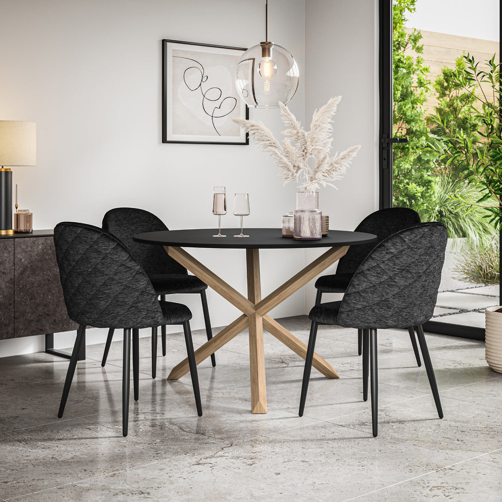 Malvern Black Top W Oak Leg Round Dining Table & Raye Velvet Chair