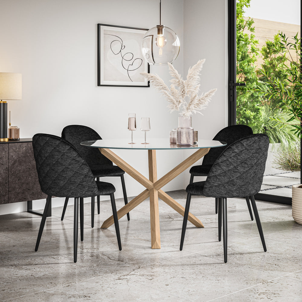 Malvern Glass Top with Oak Leg Round Dining Table & Raye Velvet Chair