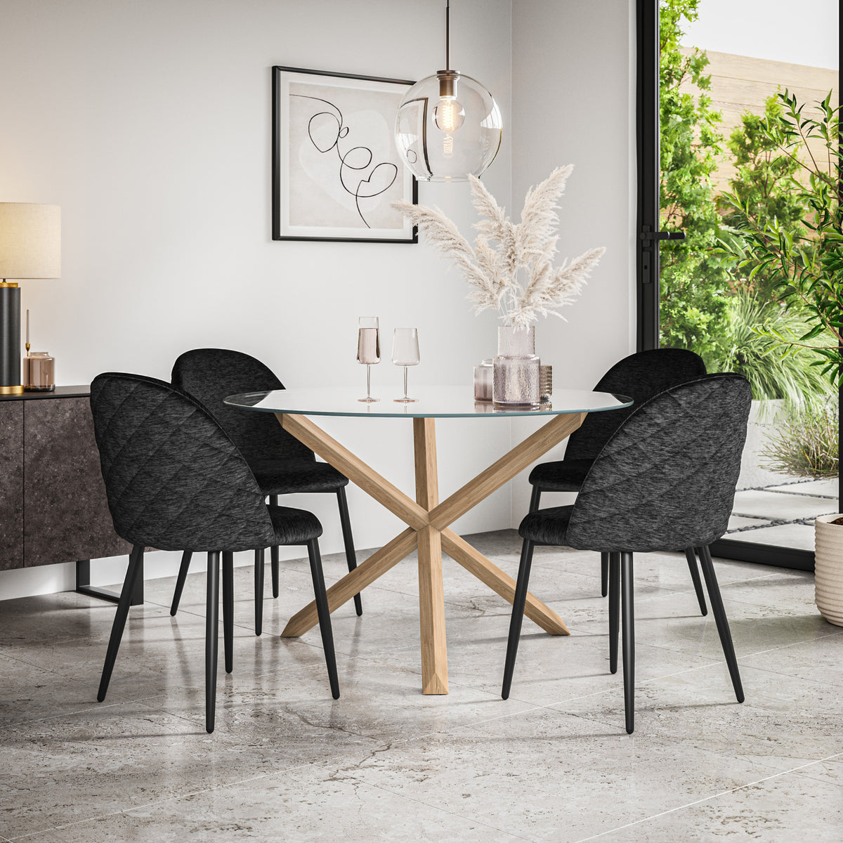 Malvern Glass Top with Oak Leg Round Dining Table & Raye Velvet Chair