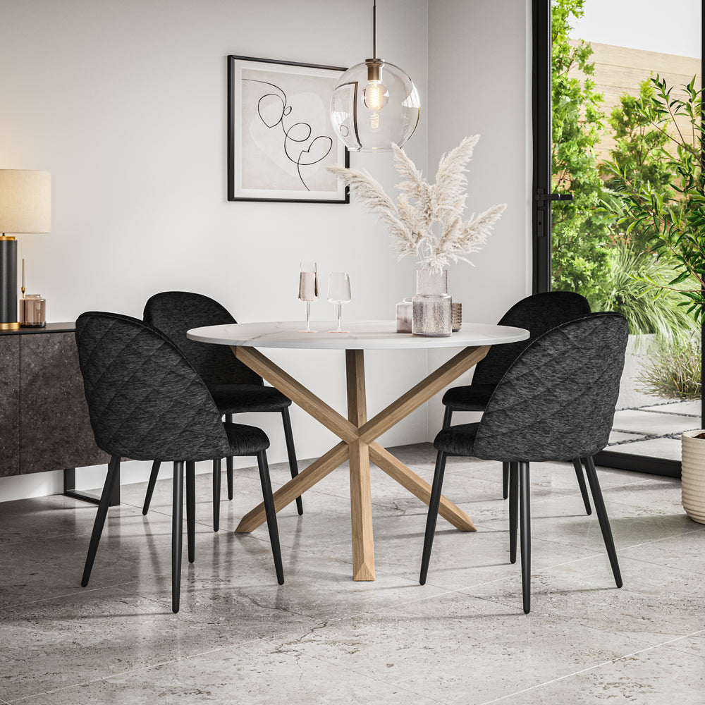 Malvern Marble Effect Top W Oak Leg Round Table & Raye Velvet Chair