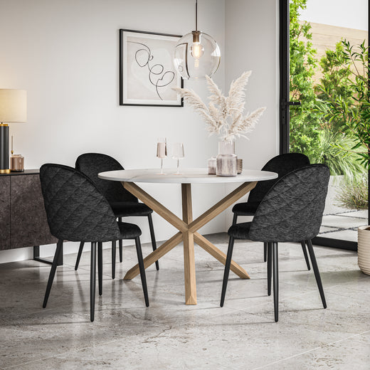 Malvern Marble Effect Top W Oak Leg Round Table & Raye Velvet Chair