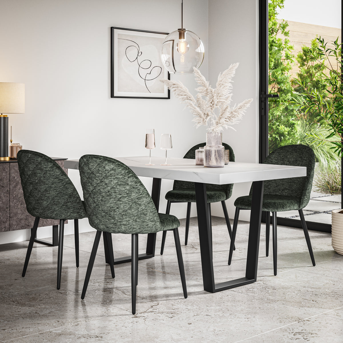 Aria White Marble Top Rectangle Dining Table & Raye Velvet Chair