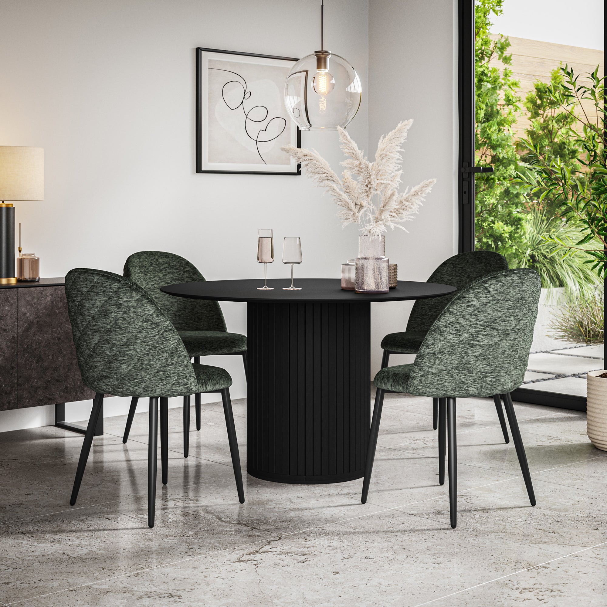 Arlo Black Table Top W Black Legs + Raye Velvet Dining Chair Set
