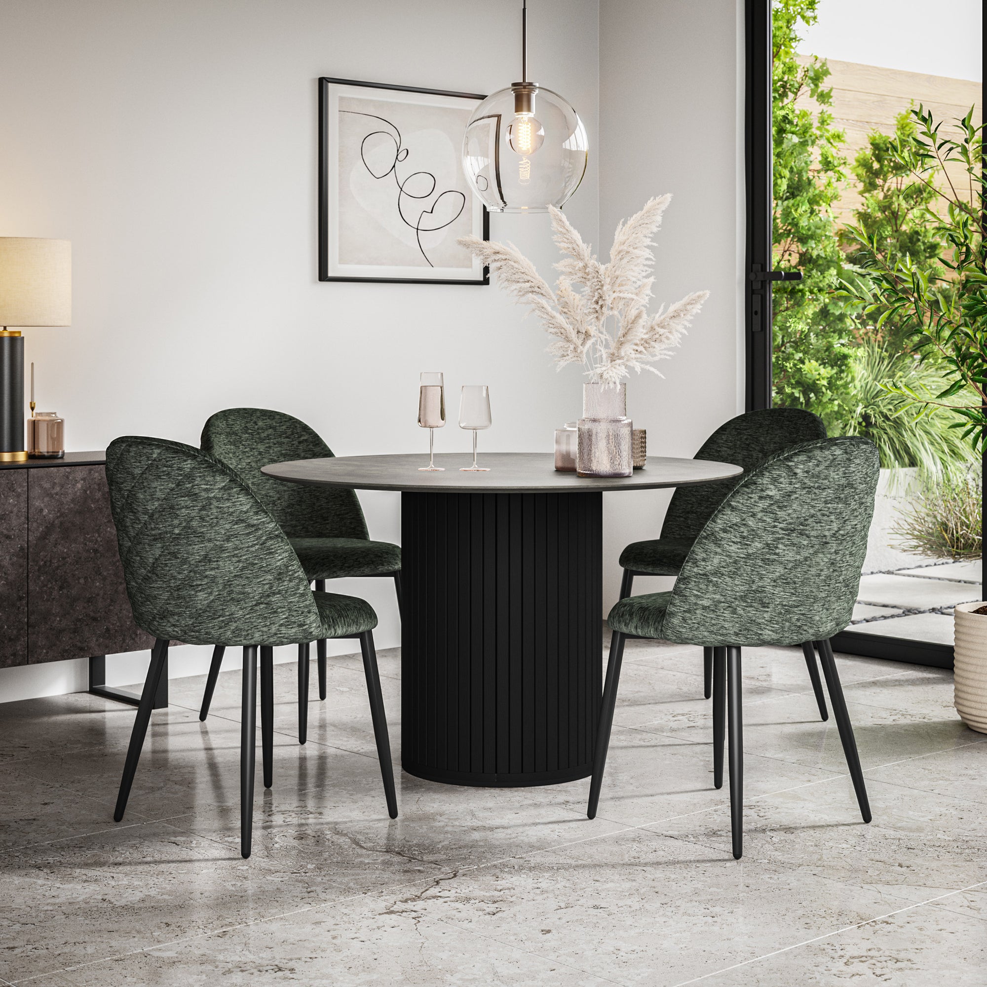 Arlo Concrete Tabletop W Black Legs + Raye Velvet Dining Chair Set