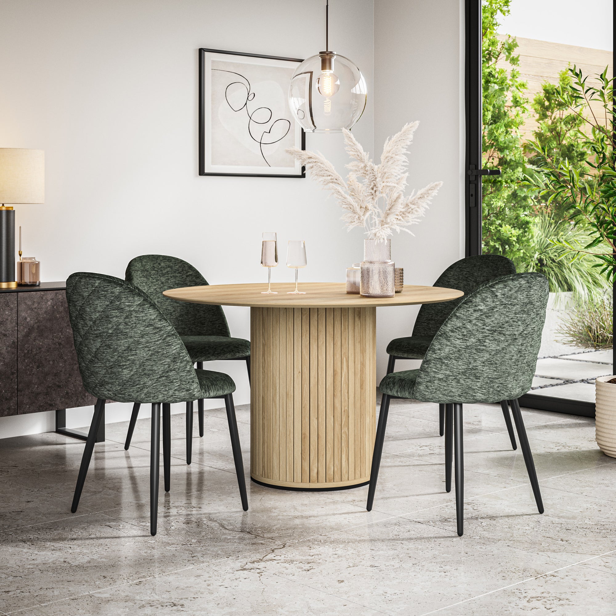Arlo Oak Tabletop W Oak Legs + Raye Velvet Dining Chair Set