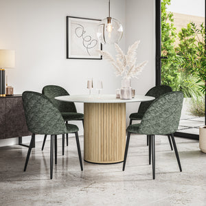 Arlo White Marble Table Top W Oak Legs + Raye Velvet Dining Chair Set