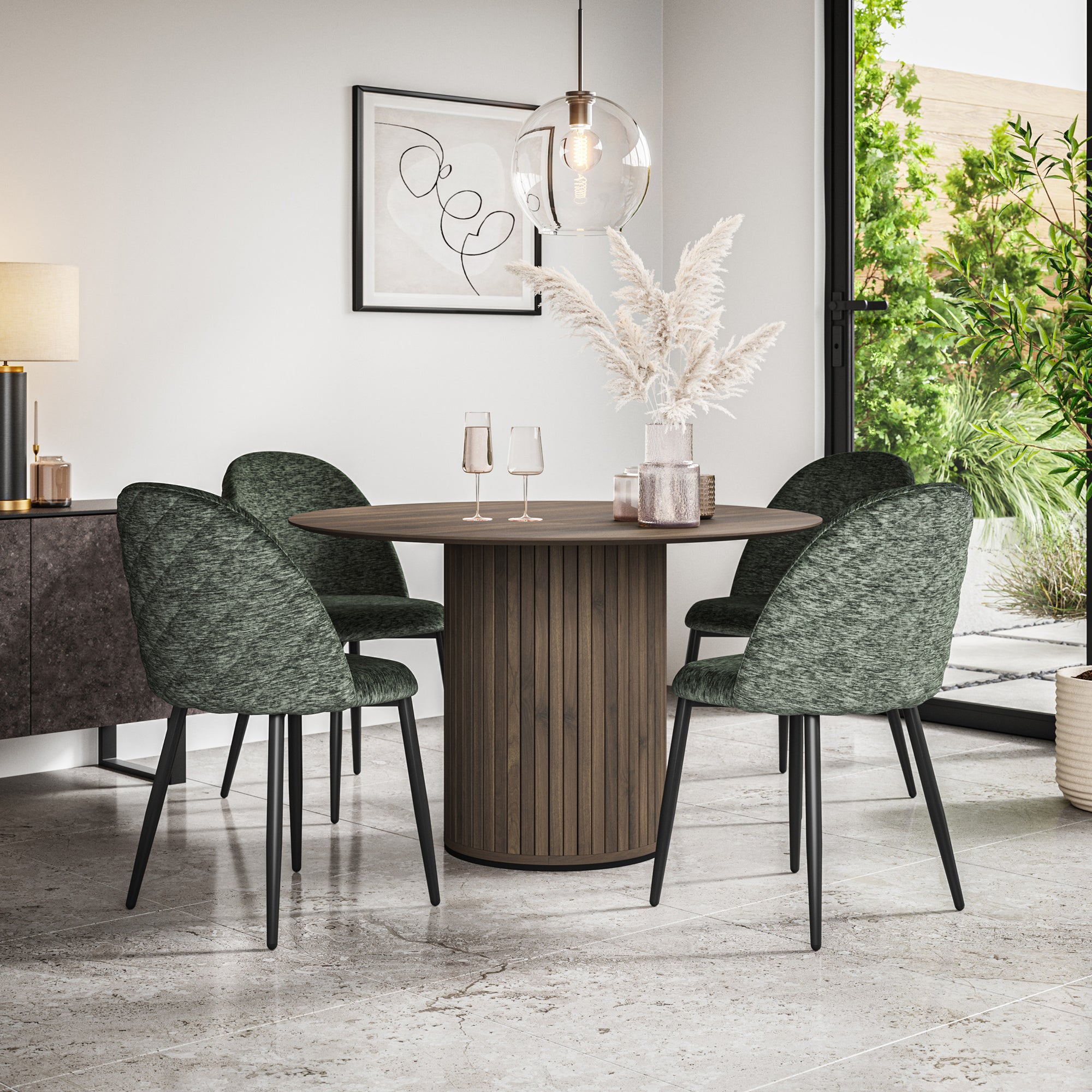 Arlo Walnut Tabletop W Walnut Legs + Raye Velvet Dining Chair Set