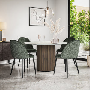 Arlo White Marble Table Top W Walnut Legs + Raye Velvet Dining Chair Set