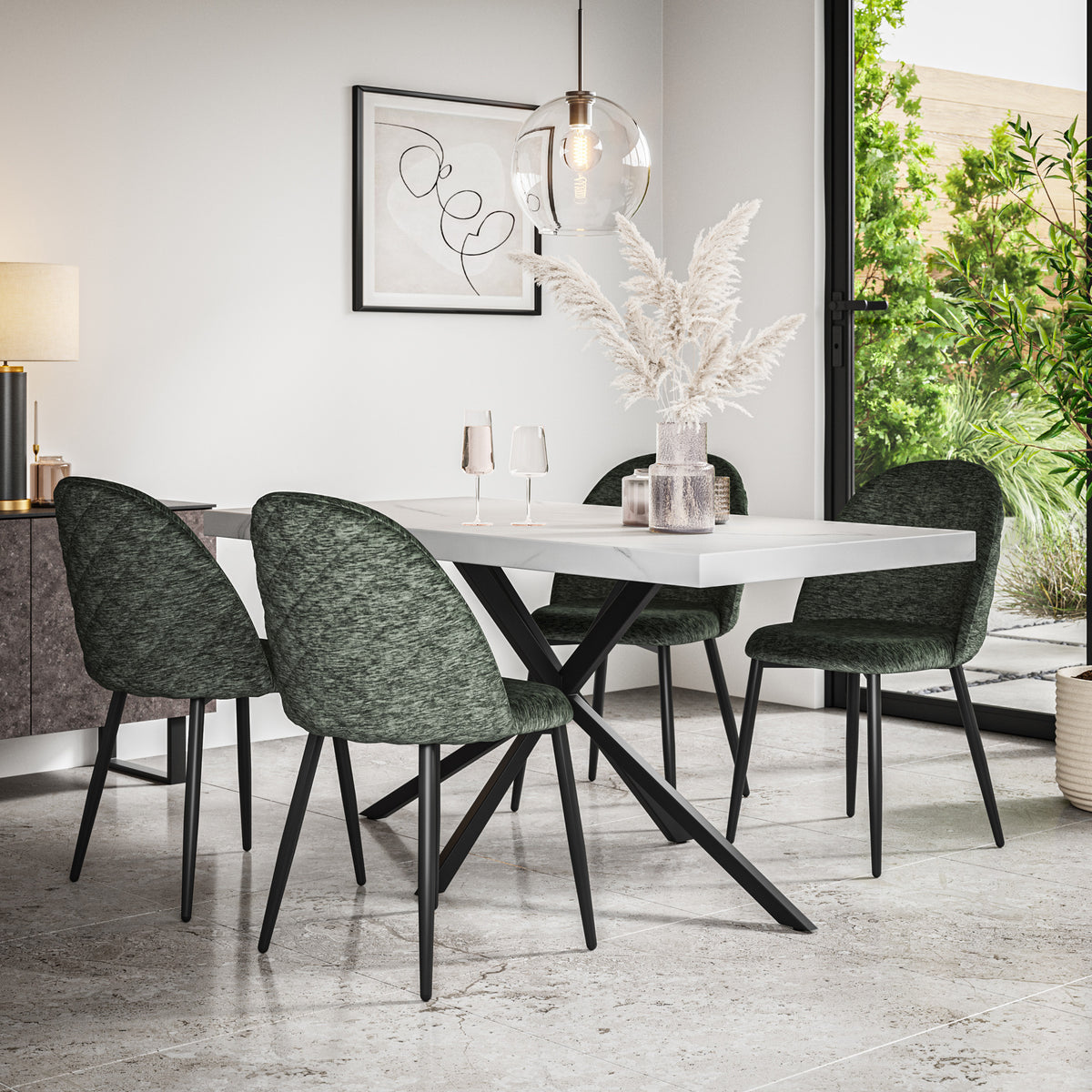 Donni White Marble Top Rectangle Dining Table & Raye Velvet Chair