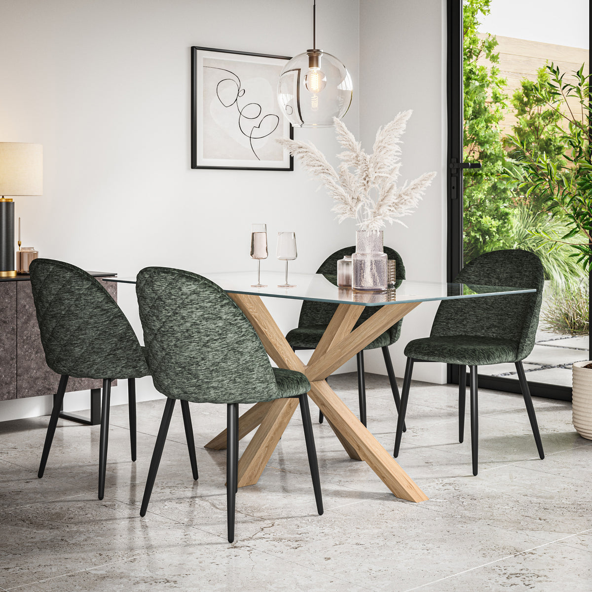 Etta Glass Top Rectangle Dining Table & Raye Velvet Chair