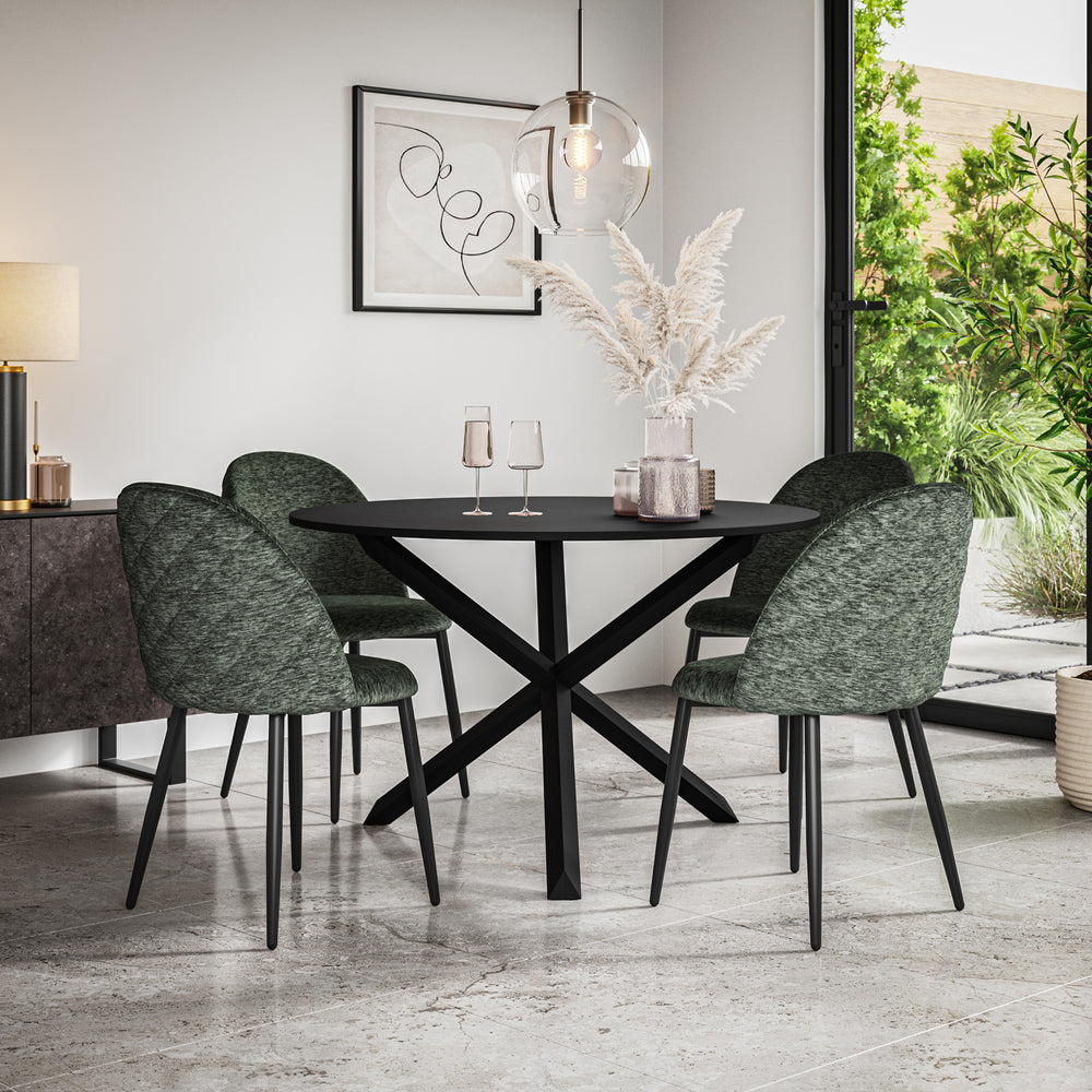Malvern Black Top with Black Legs Round Dining Table & Raye Velvet Chair