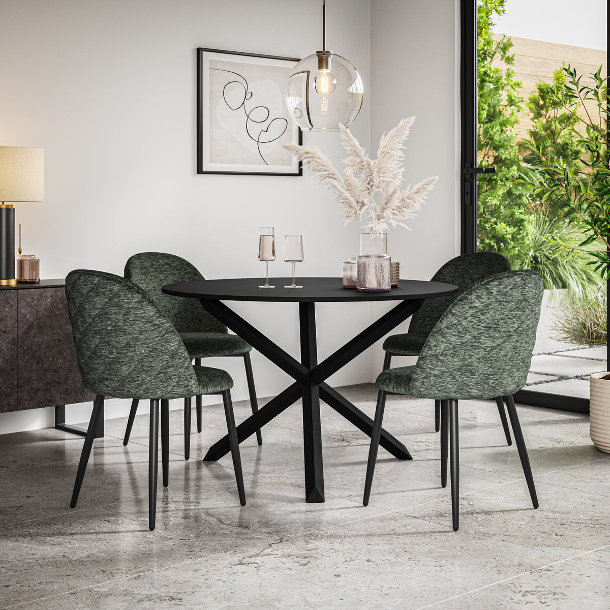 Malvern Black Top with Black Legs Round Dining Table & Raye Velvet Chair