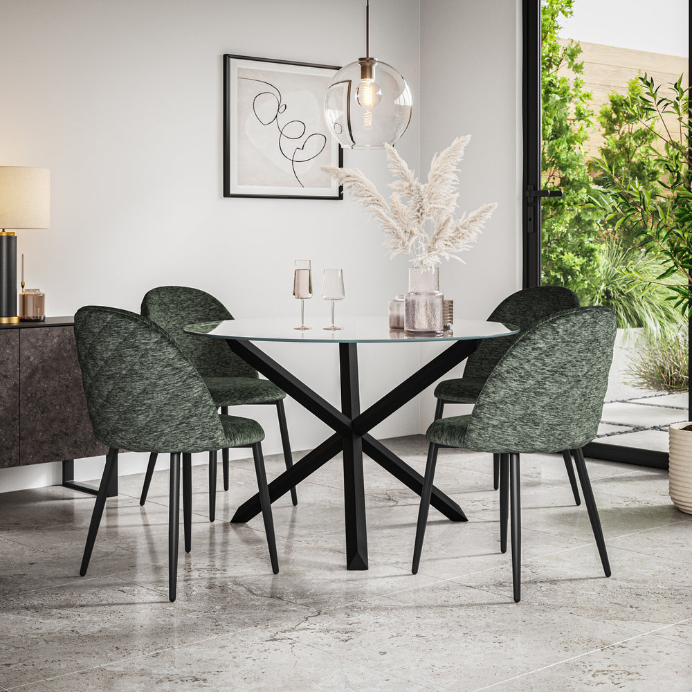 Malvern Glass Top with Black Leg Round Dining Table & Raye Velvet Chair