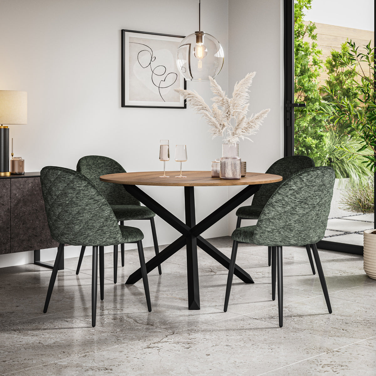 Malvern Oak Effect Top with Black Legs Round Dining Table & Raye Velvet Chair