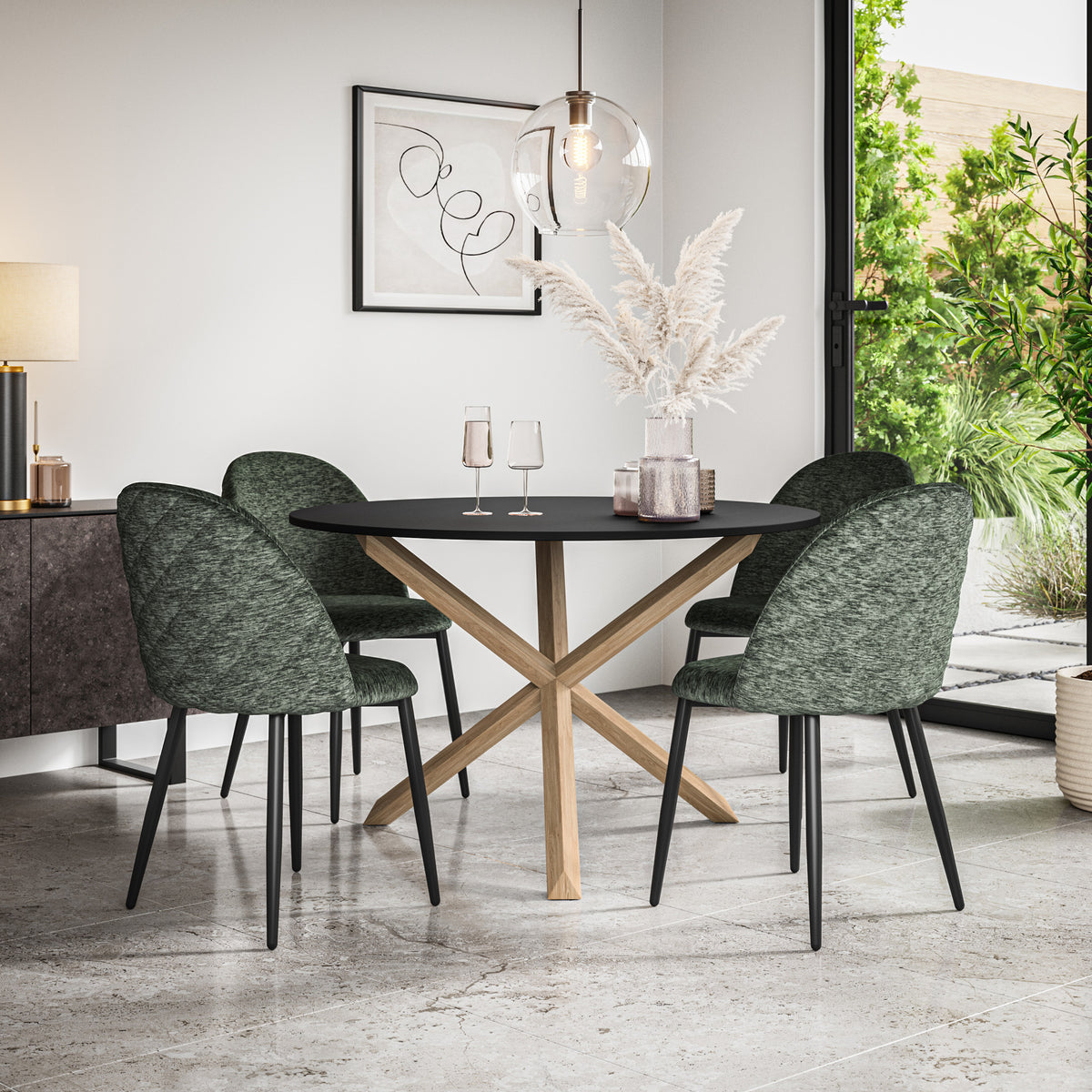 Malvern Black Top W Oak Leg Round Dining Table & Raye Velvet Chair