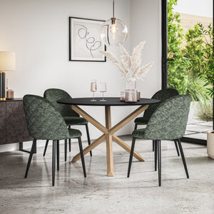 Malvern Black Top W Oak Leg Round Dining Table & Raye Velvet Chair