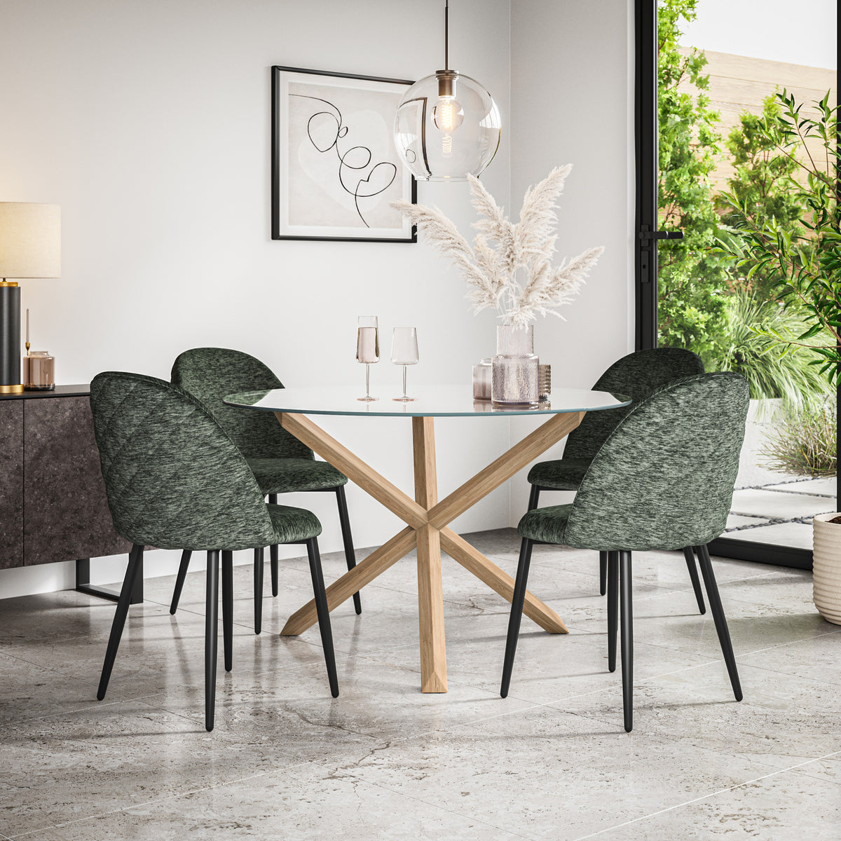 Malvern Glass Top with Oak Leg Round Dining Table & Raye Velvet Chair