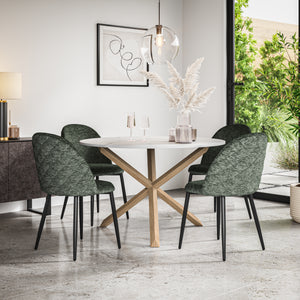 Malvern Marble Effect Top W Oak Leg Round Table & Raye Velvet Chair