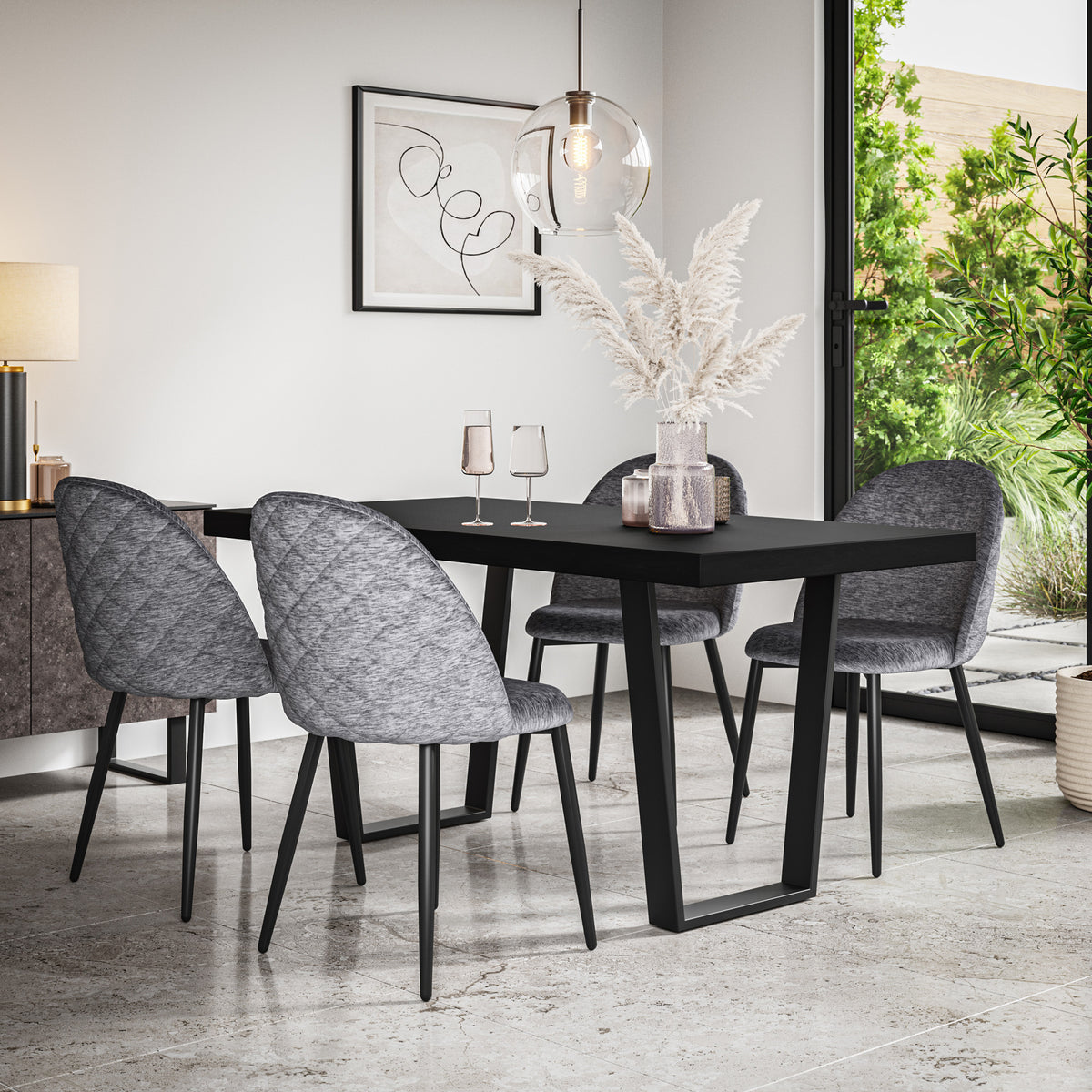 Aria Black Top Rectangle Dining Table & Raye Velvet Chair
